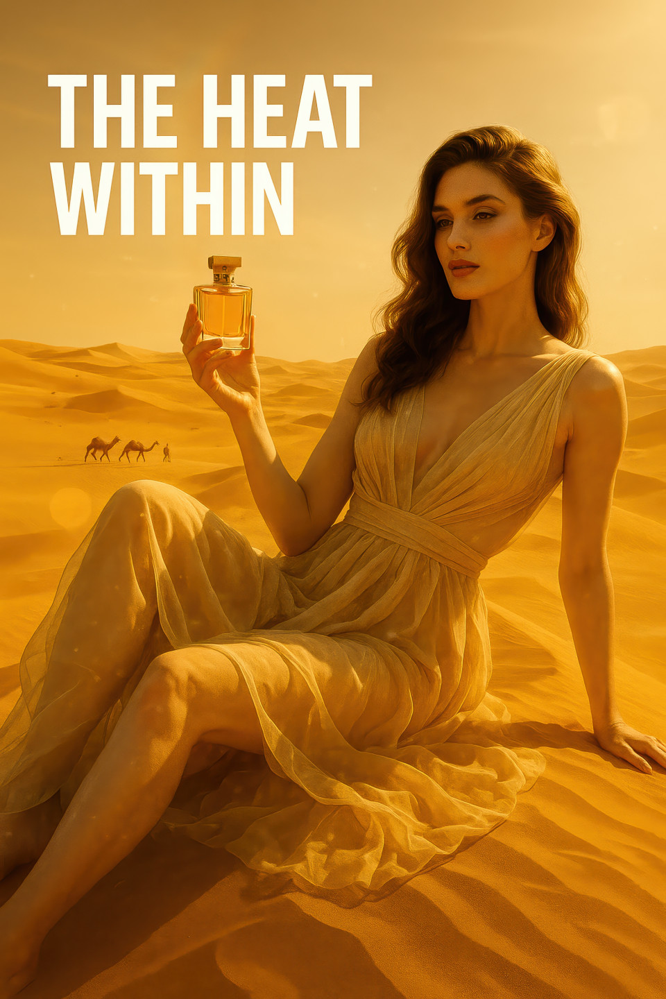 Glamorous oversized woman in flowing gown reclines on golden desert dune, holding perfume, bold fashion mirage style with warm tones and the heat within text