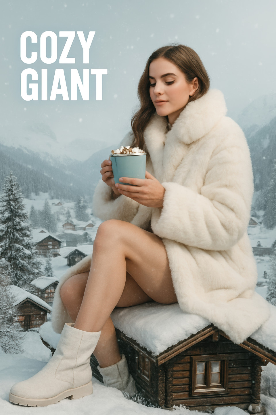 Giant woman in fur coat rests on snowy cabin, holding hot chocolate in icy village with winter trees, luxury cold-season mood with cozy giant text above