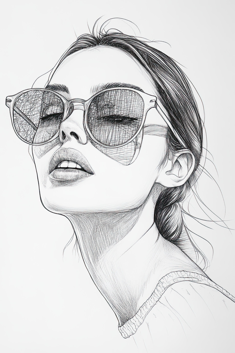 Woman in oversized sunglasses drawn in sketch style, bold fashion pose with felt pen lines, trendy urban look, stylish portrait art concept