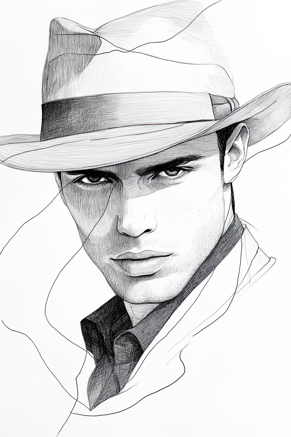 Man in fedora hat sketched with felt pen, stylish pose in fashion artwork, minimal lines and shading, modern menswear sketch concept for style lovers