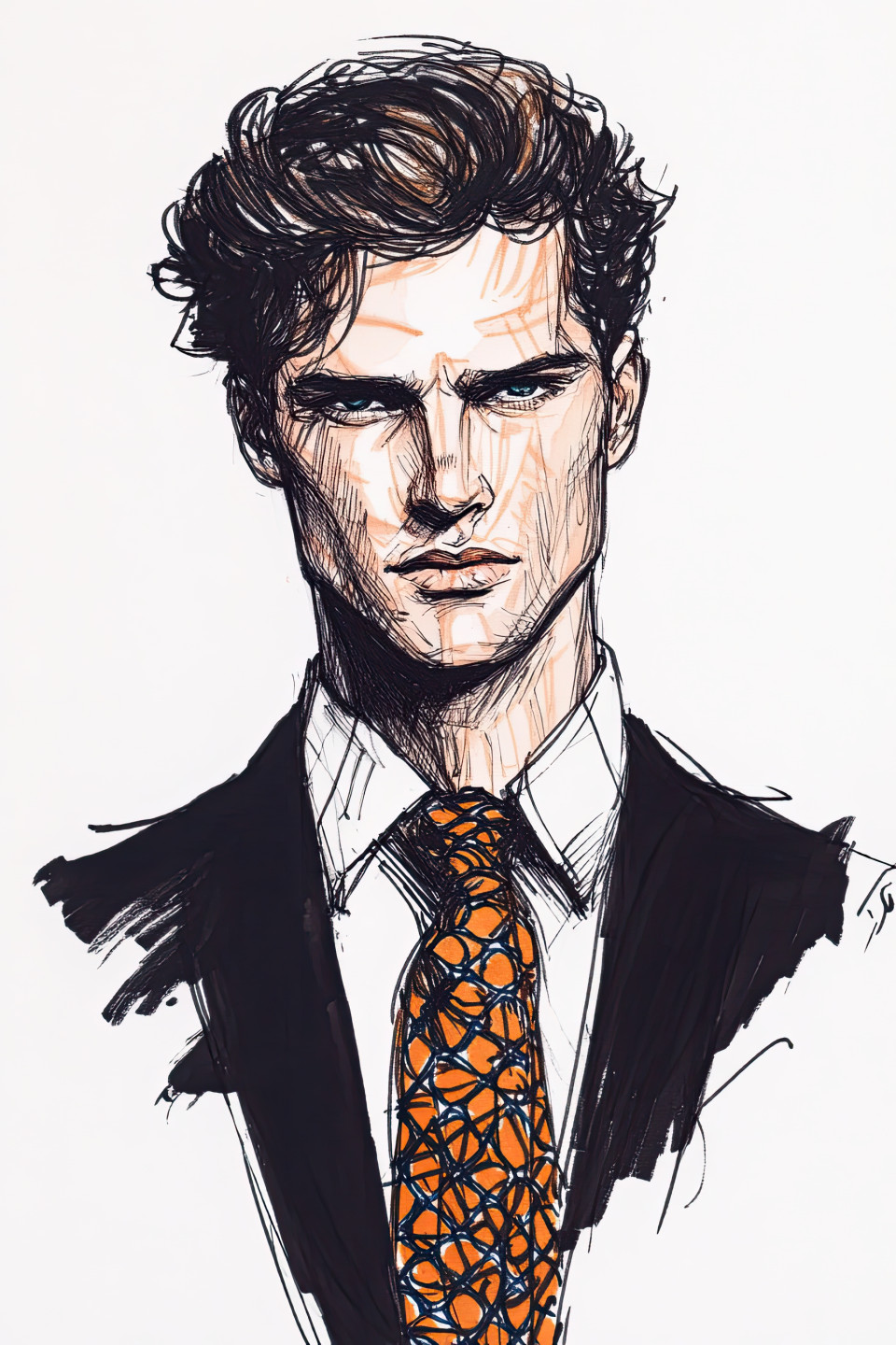 Stylish man in patterned tie drawn in sketch style, clean felt pen lines show fashion details, modern menswear and sharp outfit concept