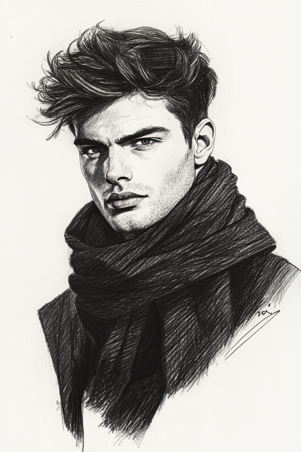 Male model in silk scarf drawn with felt pen, fashion sketch showing smooth texture and classic style, elegant men’s fashion and design concept