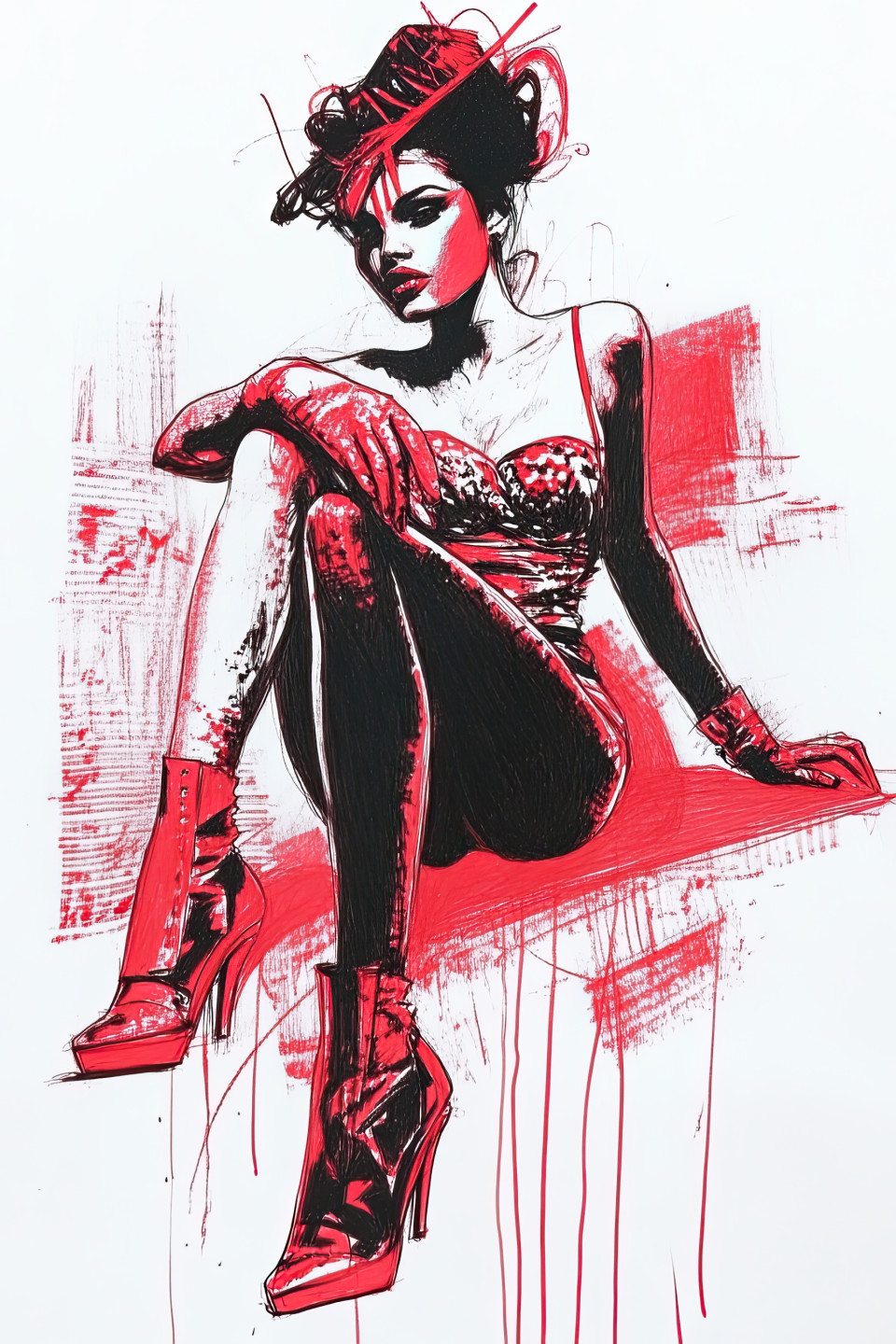 Female model in high heels and gloves drawn in felt pen, elegant pose in fashion sketch style, graceful outfit and trendy fashion design art