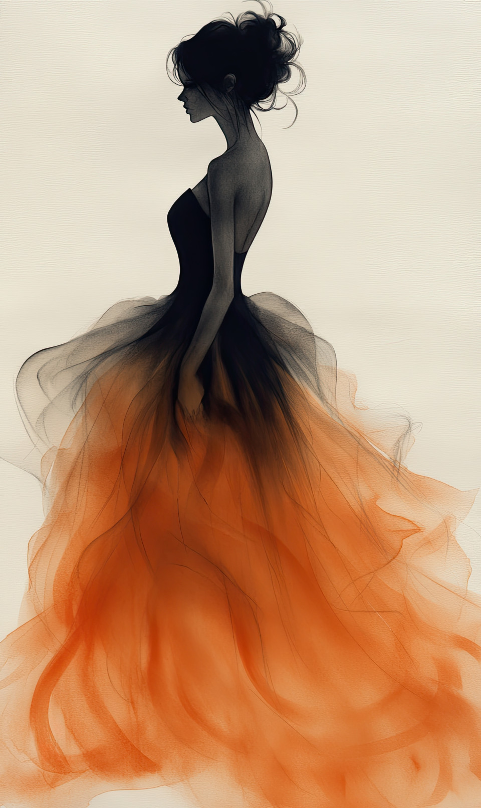 Full-height watercolor of a woman in flowing dress, soft colors and gentle lines on white, graceful fashion figure art with calm and elegant mood