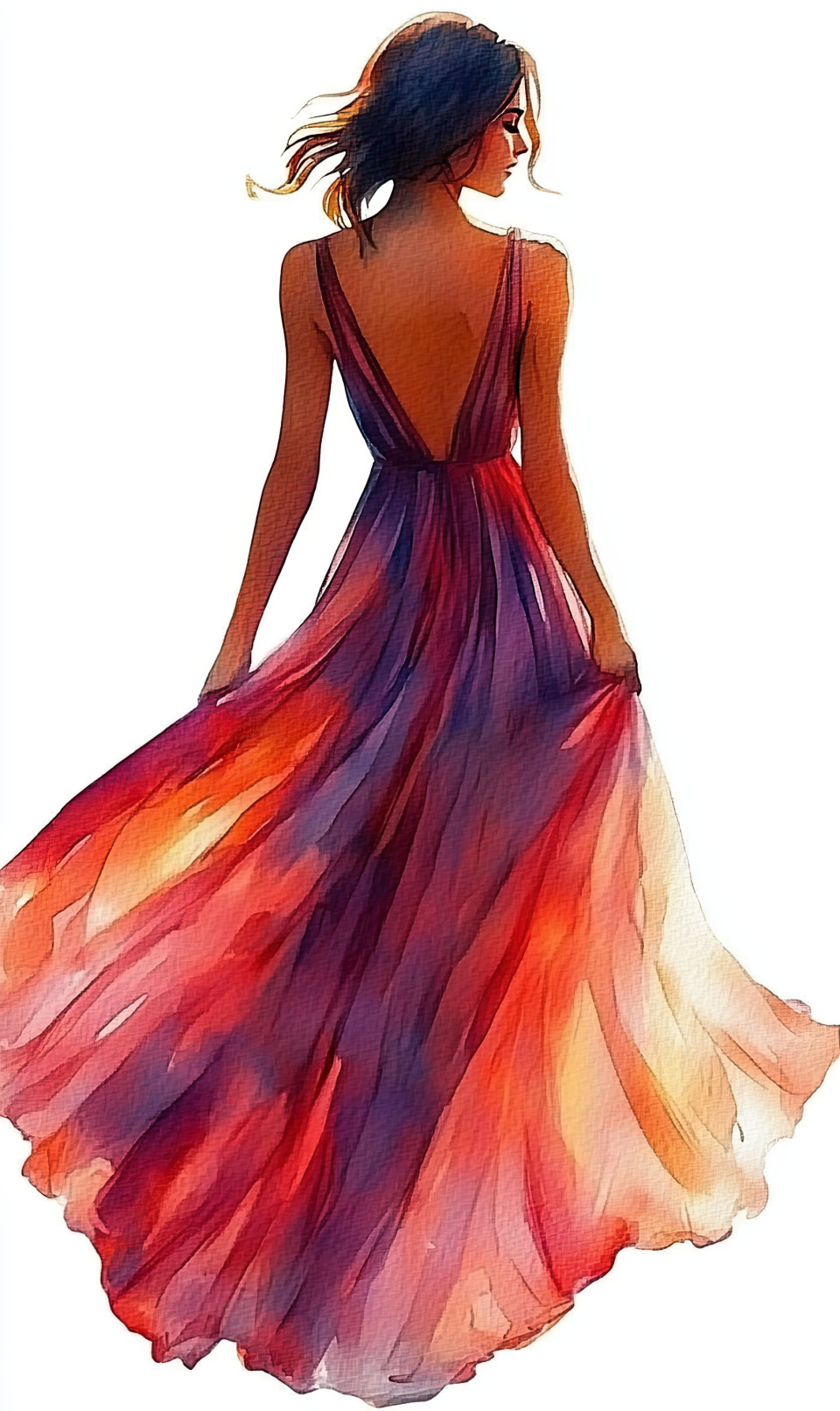 Watercolor of full-height model in long dress, gentle sketch with flowing lines on white, elegant fashion design with serene and minimal feel