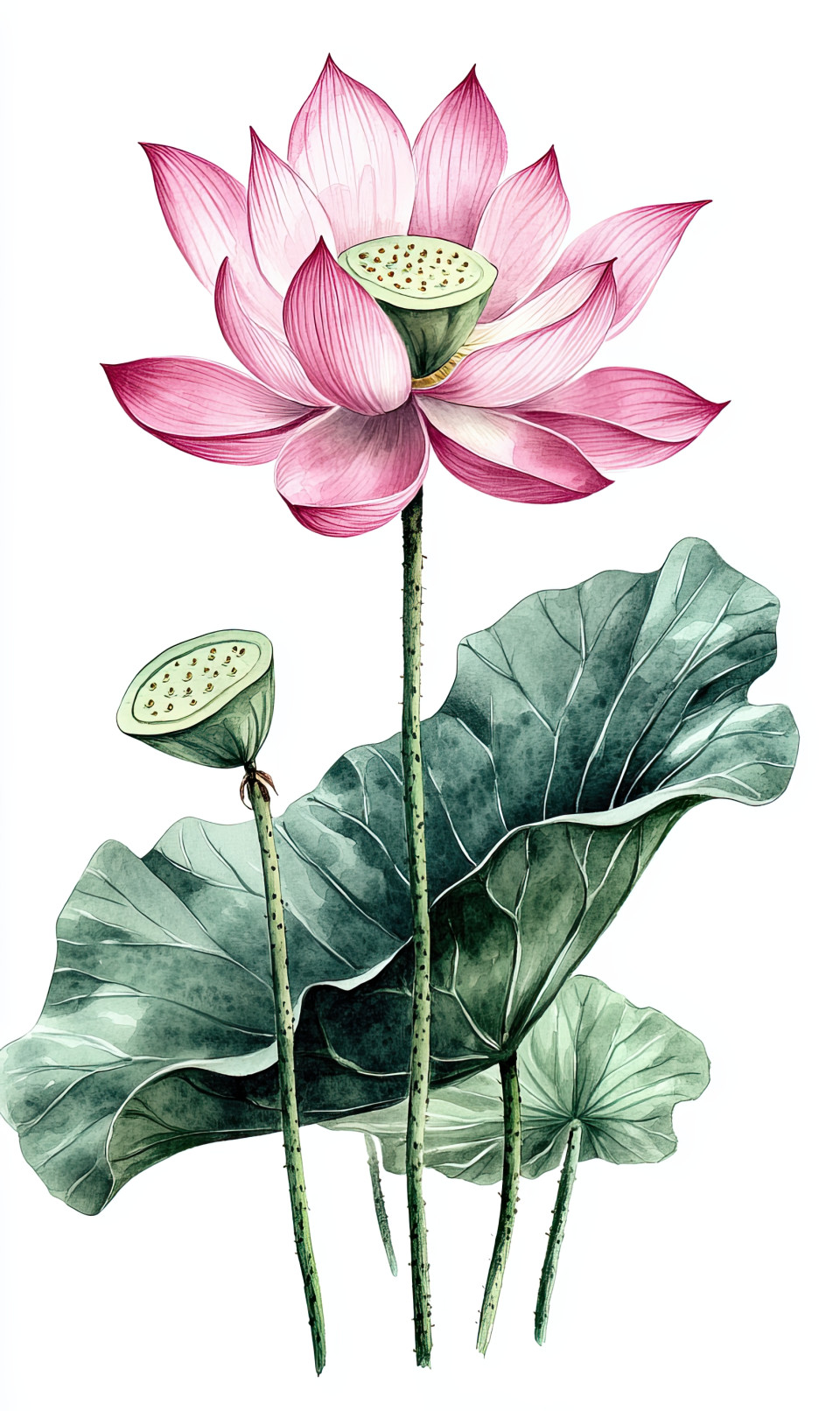 Delicate watercolor of tall lotus flower in bloom, fine petals and stems shown on white, simple floral design symbolizing purity and growth