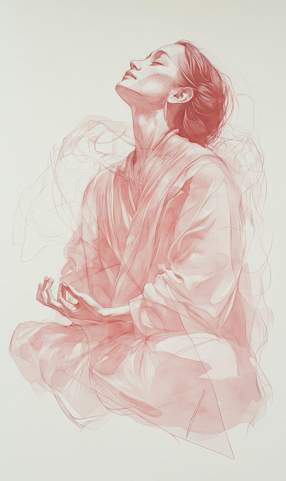 Watercolor of woman in flowing robes sitting calm, soft pen strokes and still mood on white, art symbolizing peace, quiet and mindful presence