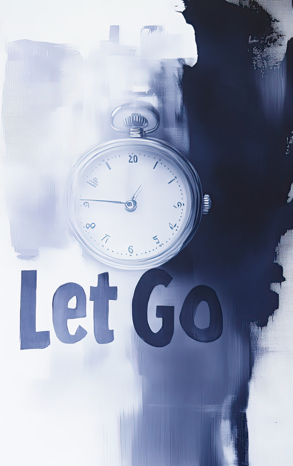 Word let go in large text with pocket watch behind, calm tones, collage of paper and paint, abstract textures, concept of release and time passing