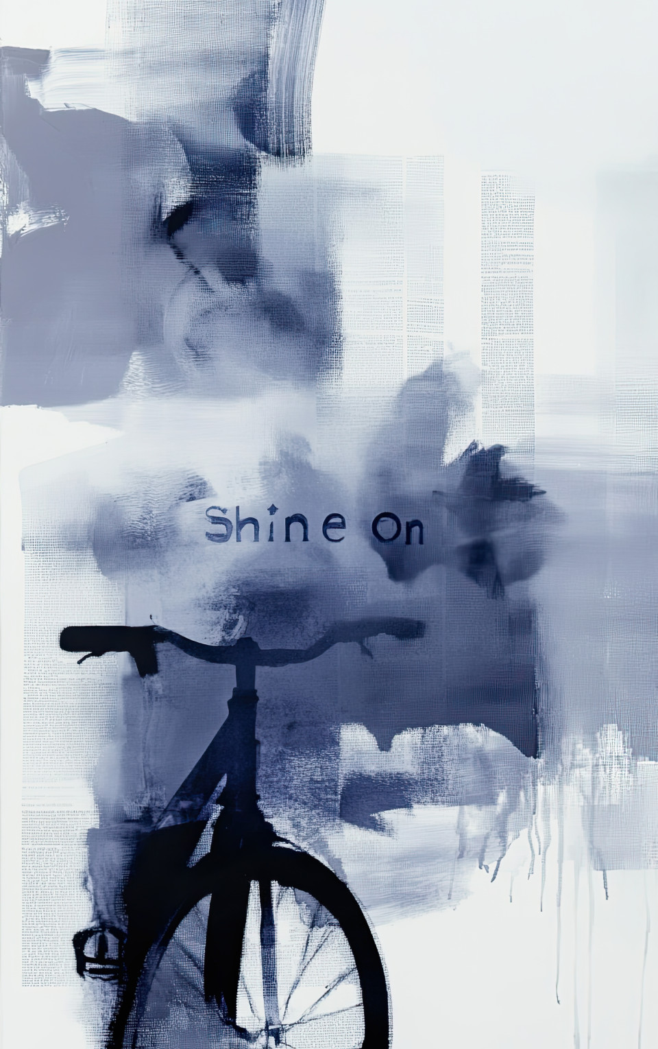 Shine on text in bold letters with vintage bicycle behind, book paper layers, mixed paint, ink, and smoke art style, idea of hope and steady journey
