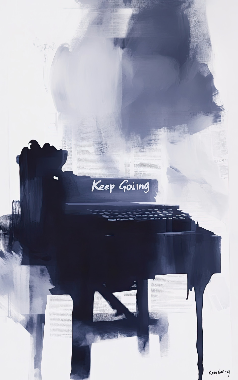 Keep going in bold letters with typewriter behind, mixed media collage, paint drips and smoky ink, concept of persistence and creative writing journey