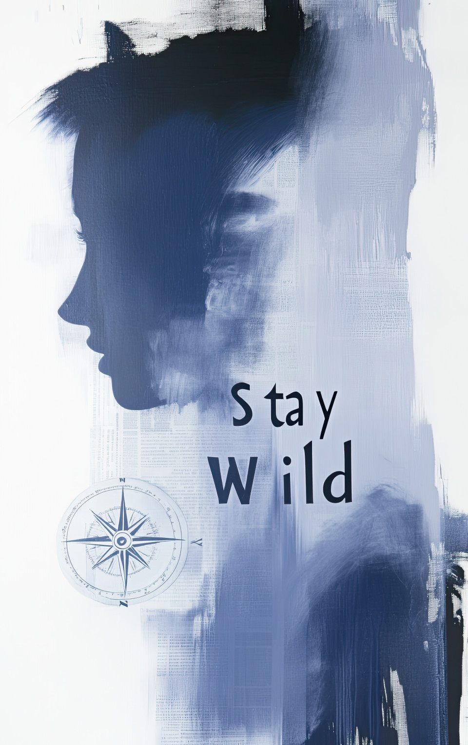 Large stay wild text with compass behind, paper textures, dripping paint, smoke and ink art elements, theme of freedom, direction, and bold spirit