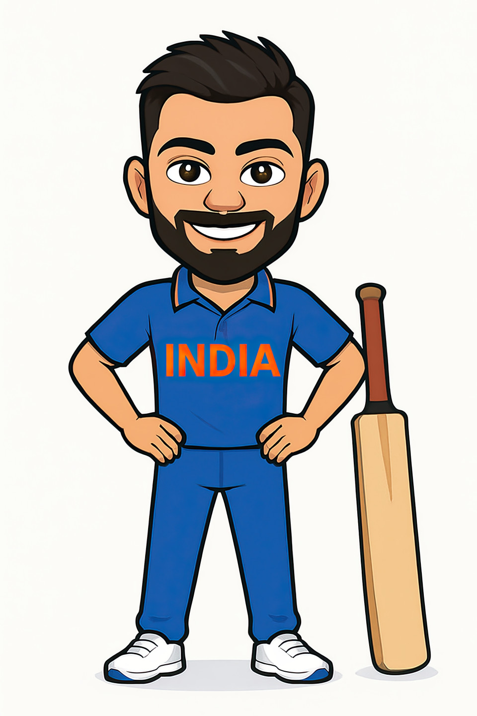 Cartoon of young male cricketer virat kohli in indian jersey, full-body, bitmoji style, hands on hips, smiling, standing next to bat, isolated background