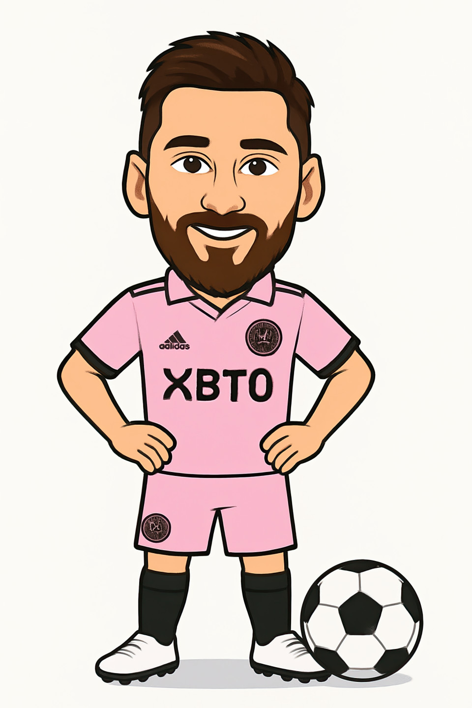 Bitmoji-style cartoon of young male soccer star lionel messi in inter miami kit, smiling, hands on hips, full-body with football, clean background