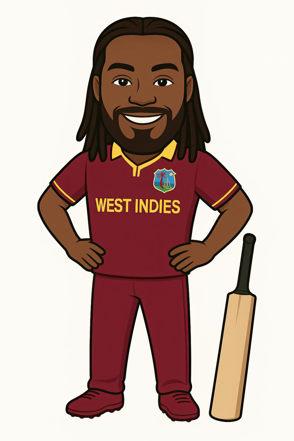 Cartoon bitmoji of chris gayle in west indies maroon-yellow kit, full-body, smiling with hands on hips, beside cricket bat, isolated clean background