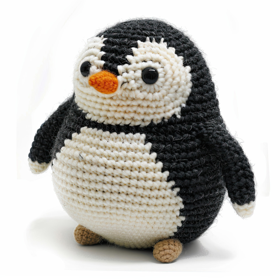 Cute round penguin with tiny wings and soft yarn texture in amigurumi style, fluffy and playful plush toy isolated on clean white background