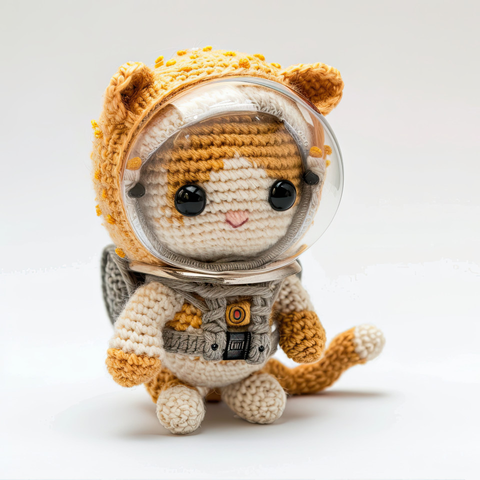 Tiny yarn cat in a clear helmet space suit with soft texture, playful amigurumi-style plush showing fun space adventure vibe, isolated on white
