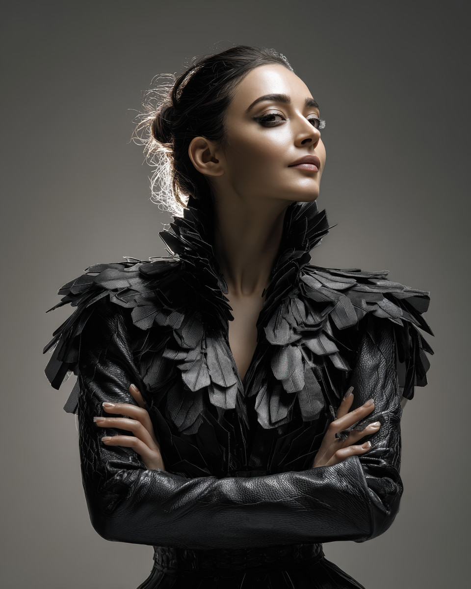 Turkish model in layered corset, arms crossed, subtle smirk, deep-set eyes, sculpted lighting enhances mood. avant-garde fashion prompt, midjourney fashion prompt