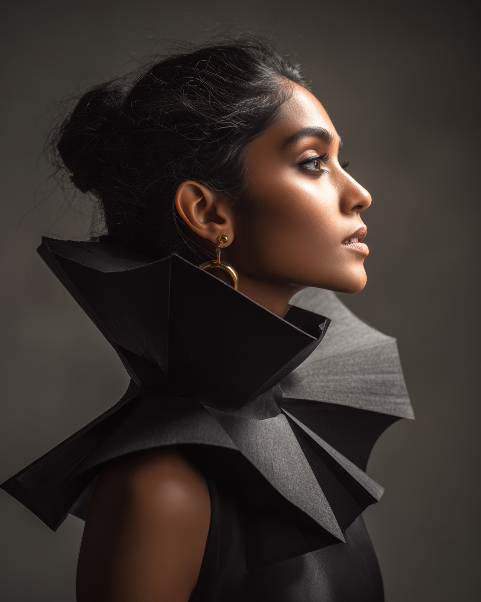South asian model in voluminous couture, side profile glowing with calm strength and sculpted light. avant-garde fashion prompt, midjourney fashion prompt