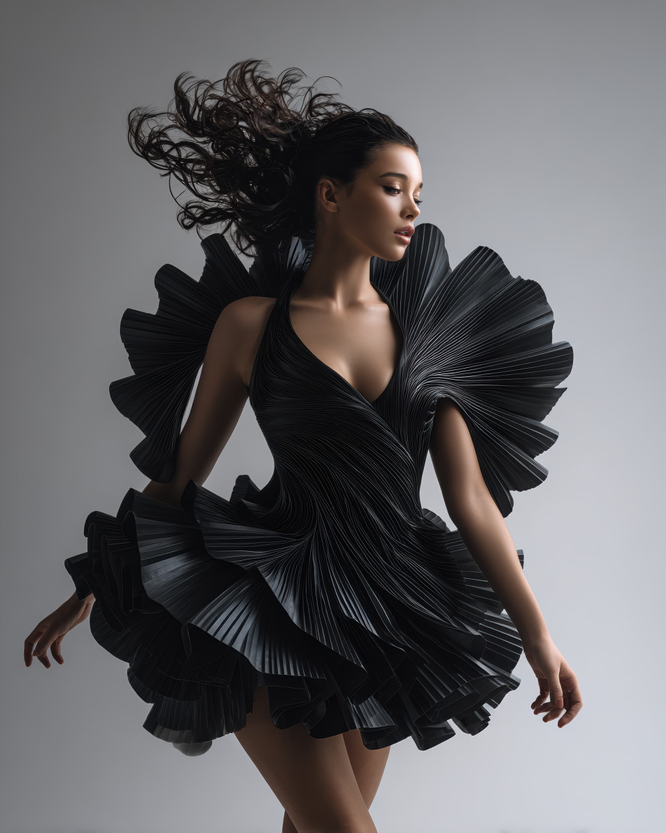 Brazilian model in motion with spiraling corset, bold brows and glowing skin in mid-turn pose, dynamic energy. avant-garde fashion prompt, midjourney fashion prompt