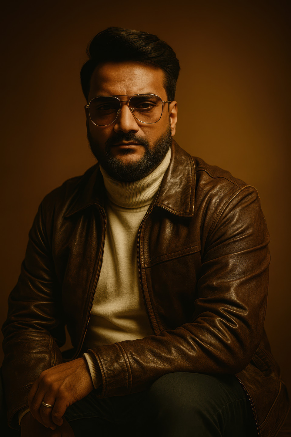 Fair-skinned person in leather jacket over white turtleneck and gold aviators seated with thoughtful gaze on amber background. cinematic portrait, fashion prompt, chatgpt image fashion prompt