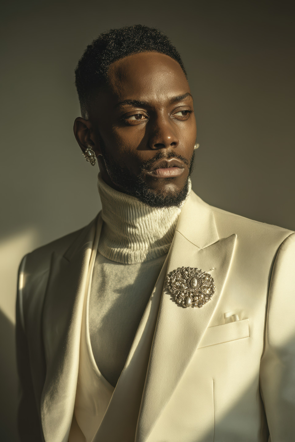African-american man in cream suit, silk turtleneck, and bold brooch posing with style under soft lighting. luxury fashion prompt, midjourney fashion prompt