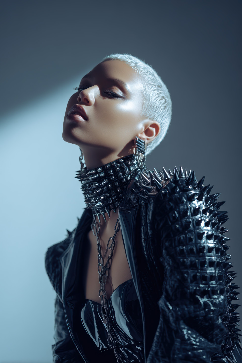 Non-binary model with platinum buzzcut in sculpted latex and spiked gear striking a bold pose. luxury fashion prompt, midjourney fashion prompt