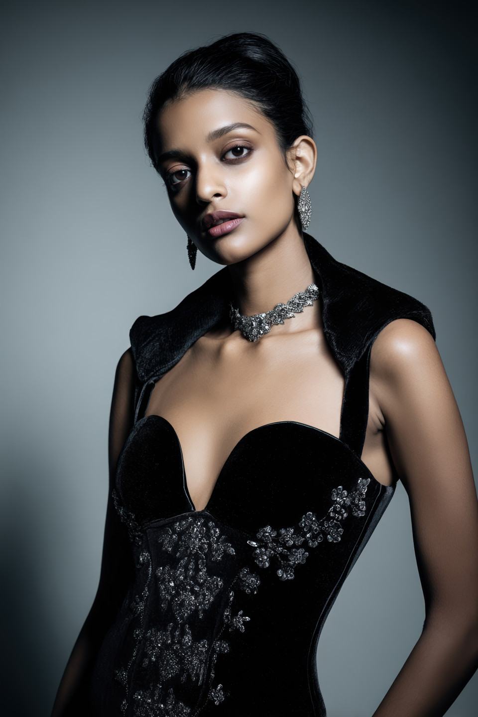 South asian woman in sculpted black velvet gown with silver details poses boldly in studio light. luxury fashion prompt, midjourney fashion prompt