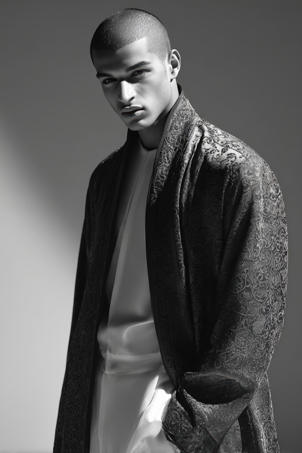 Middle eastern man in silk embroidered robe and minimalist outfit posing with elegance in soft lighting. luxury fashion prompt, midjourney fashion prompt
