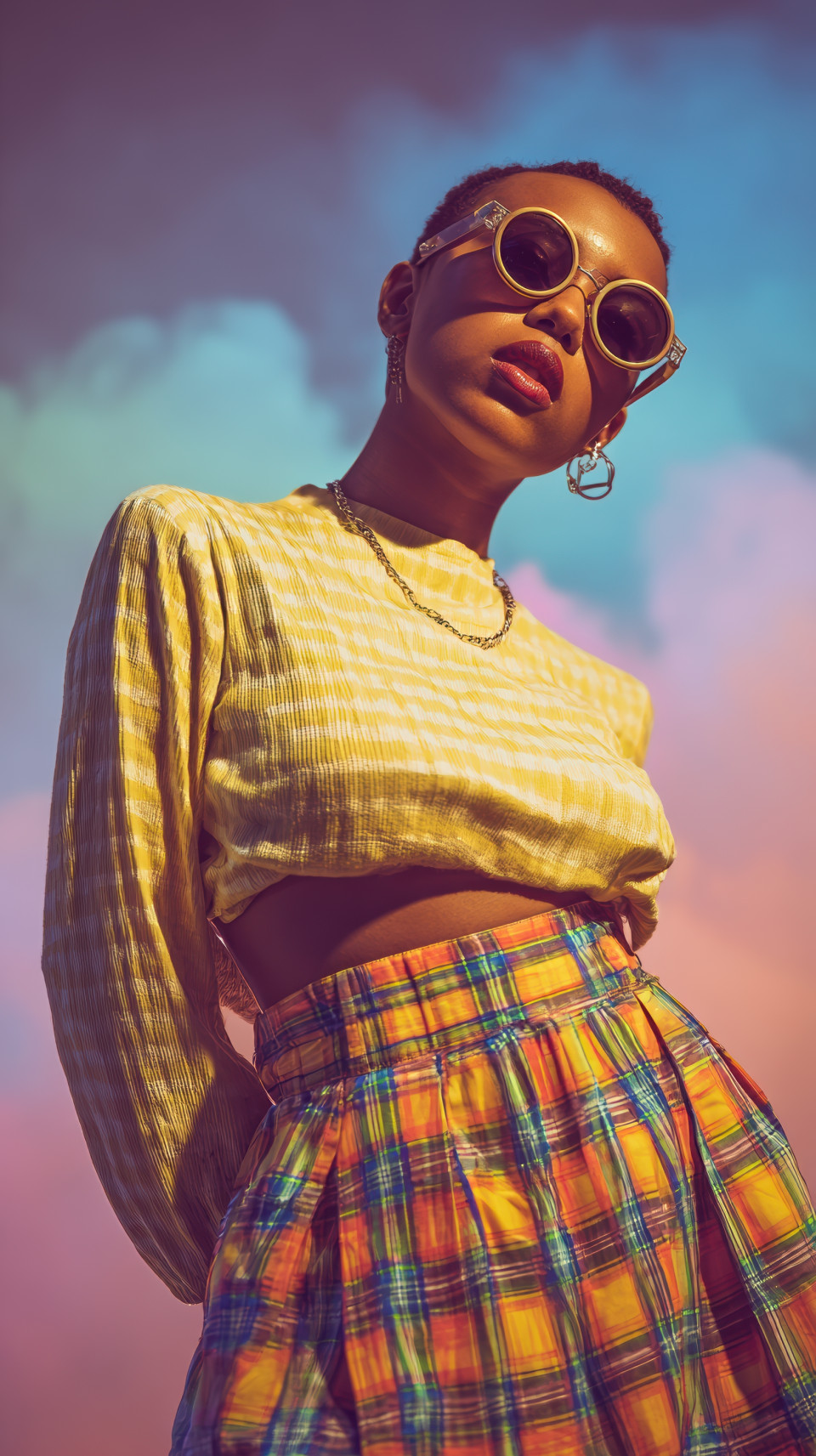 Black non-binary person in plaid high-waisted skirt and round sunglasses posing cool against pastel scene. retro fashion prompt, midjourney fashion prompt