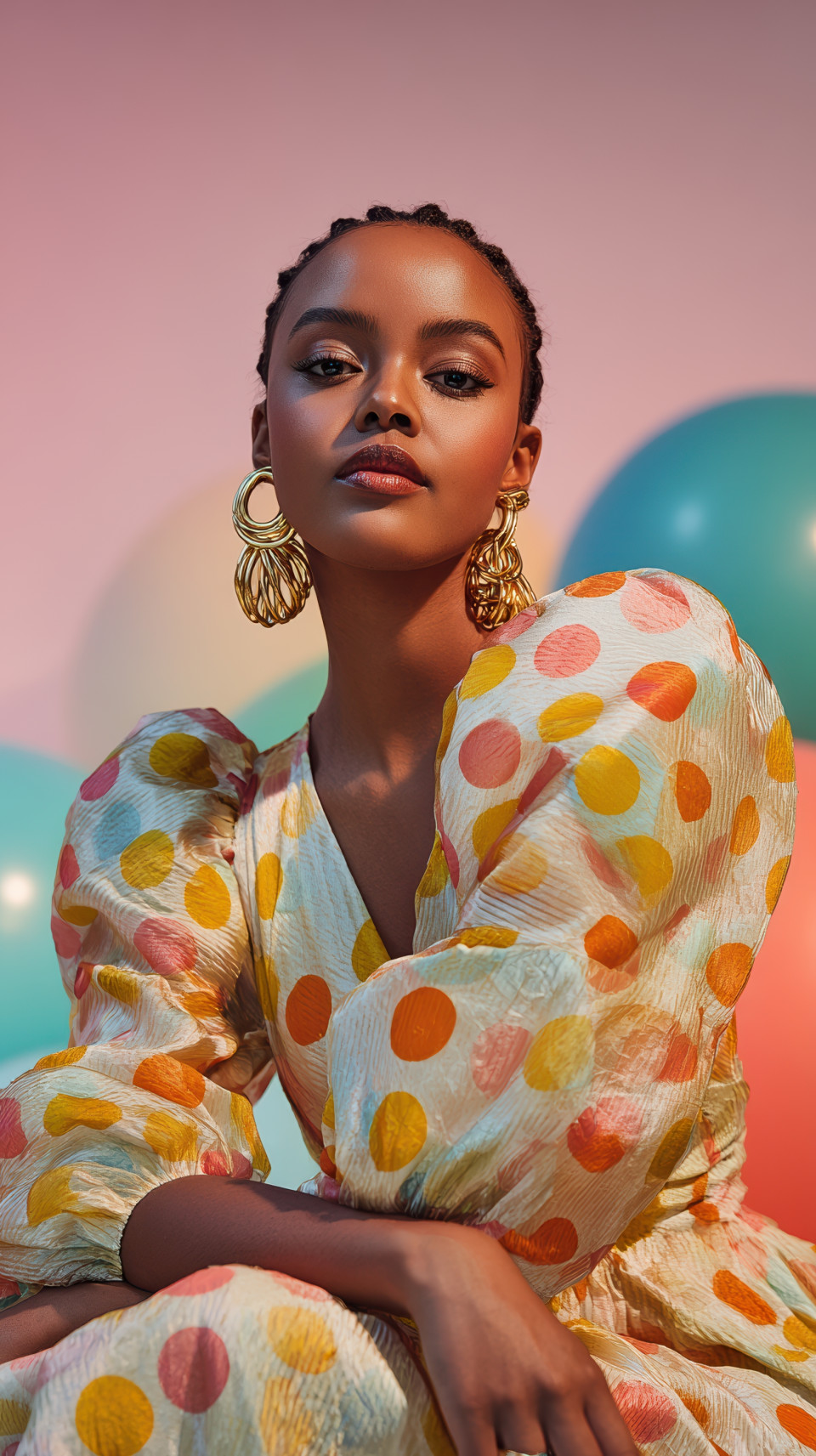 African-american woman in puff-sleeve polka dot dress, gold hoops, striking a bold pose against pastel backdrop. retro fashion prompt, midjourney fashion prompt
