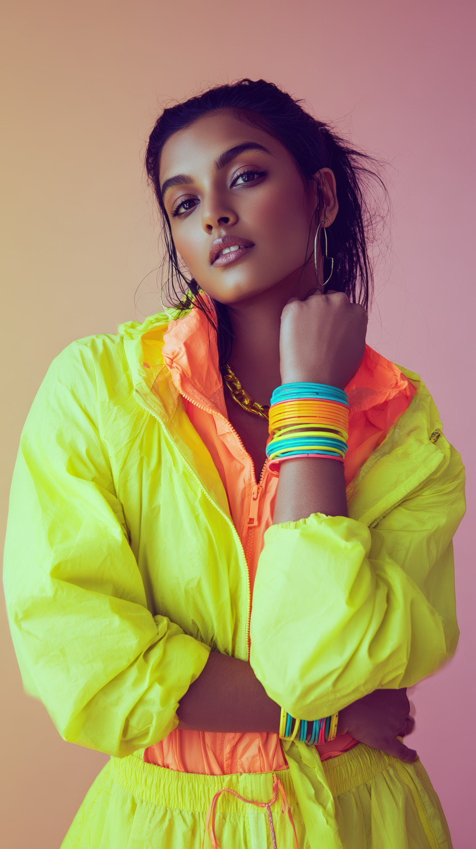 South asian woman in neon windbreaker with plastic bangles standing proud against pastel backdrop. retro fashion prompt, midjourney fashion prompt
