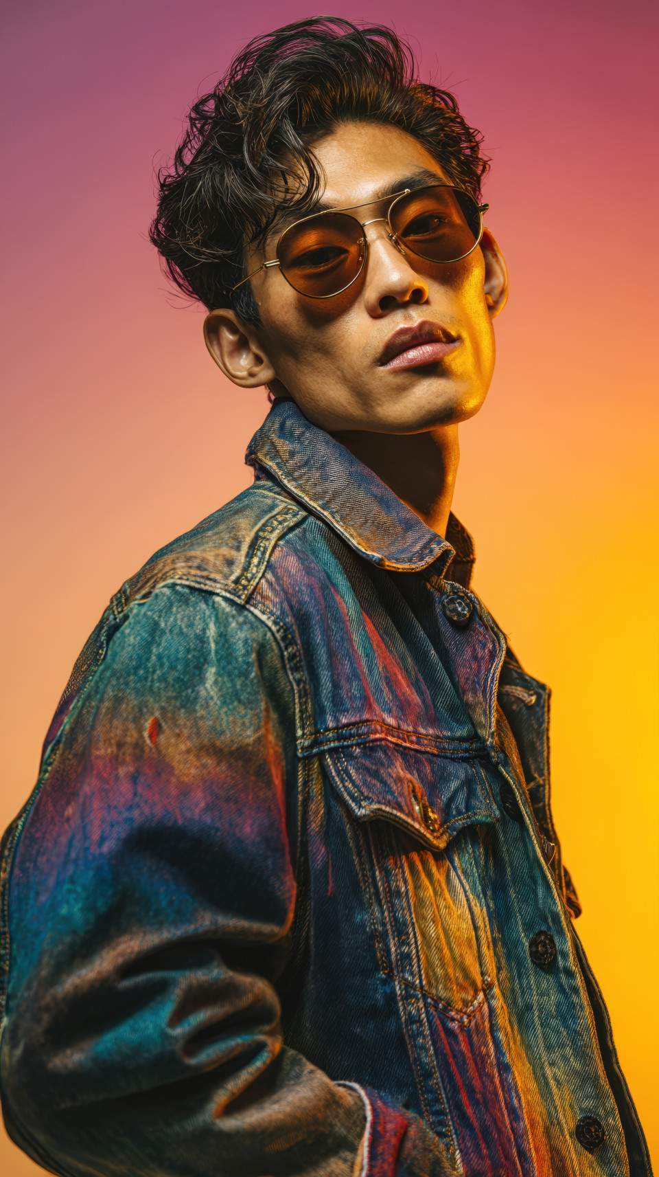 East asian man in vintage denim jacket and aviator sunglasses poses confidently before soft pastel background. retro fashion prompt, midjourney fashion prompt