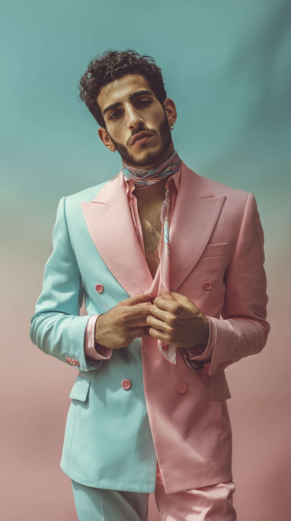 Middle eastern man in pastel double-breasted suit and silk neck scarf stands tall before soft pastel wall. retro fashion prompt, midjourney fashion prompt