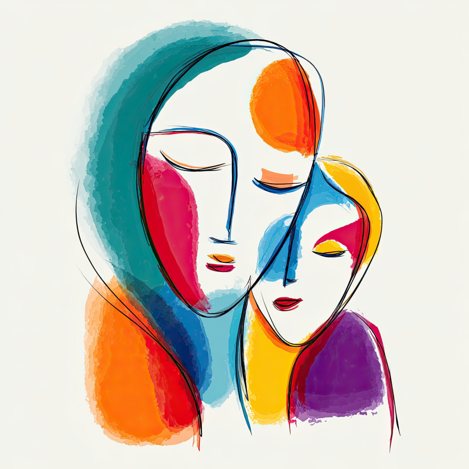 Gentle mother holding child, both with closed eyes, outlined in clean curves and vivid colors. color block abstract art, midjourney design prompts