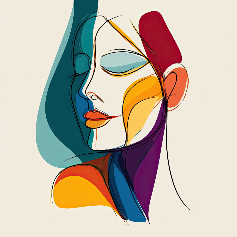 Peaceful woman with soft features, eyes closed, shown in flowing lines and vivid color blocks. color block abstract art, midjourney design prompts