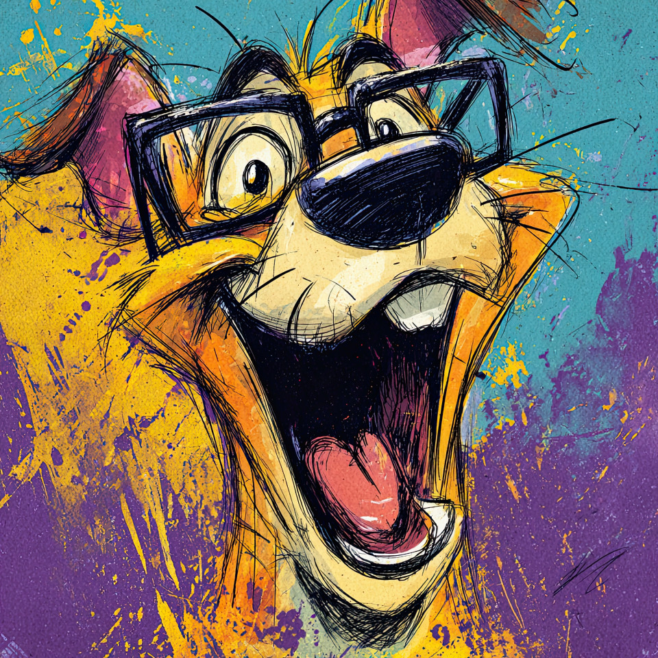 Playful dog in oversized glasses, yelling with joy, bright scribbled color and bold outline. hand drawn cartoon art, comic style animal face