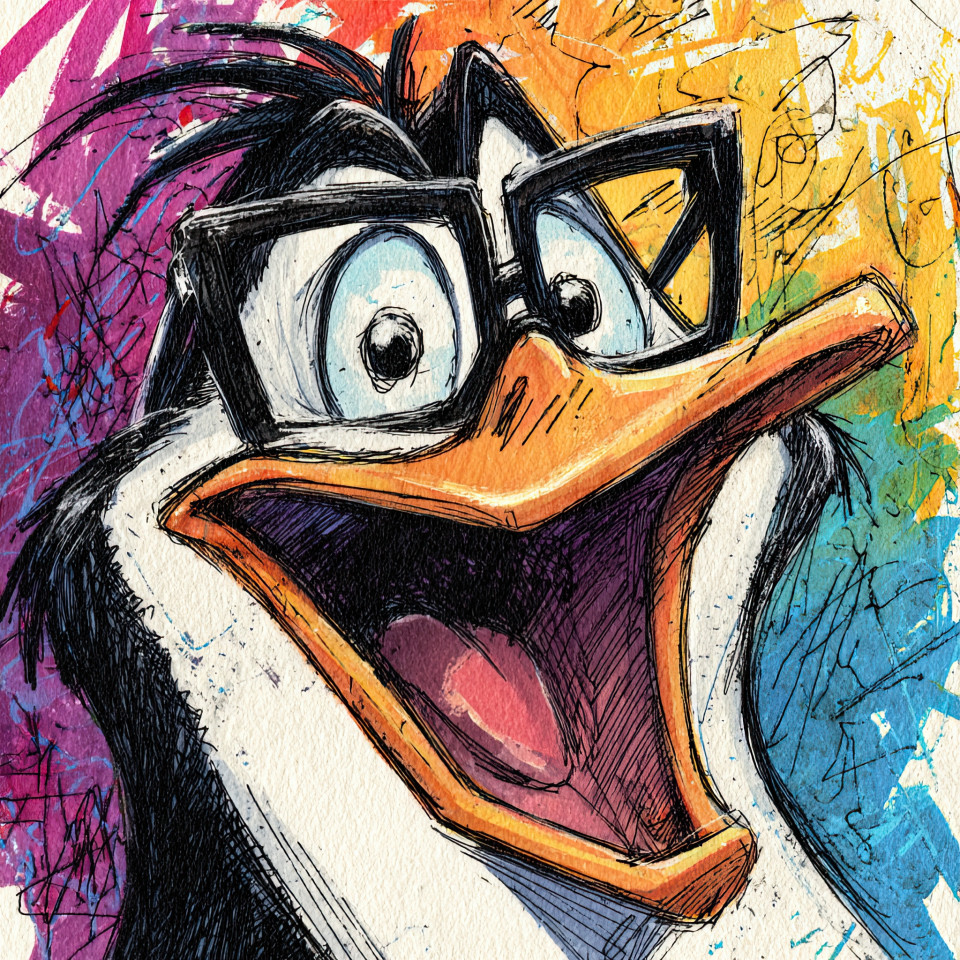 Lively penguin with giant glasses, shouting with happy face, colorful and sketchy style. hand drawn cartoon art, comic style for kids fun