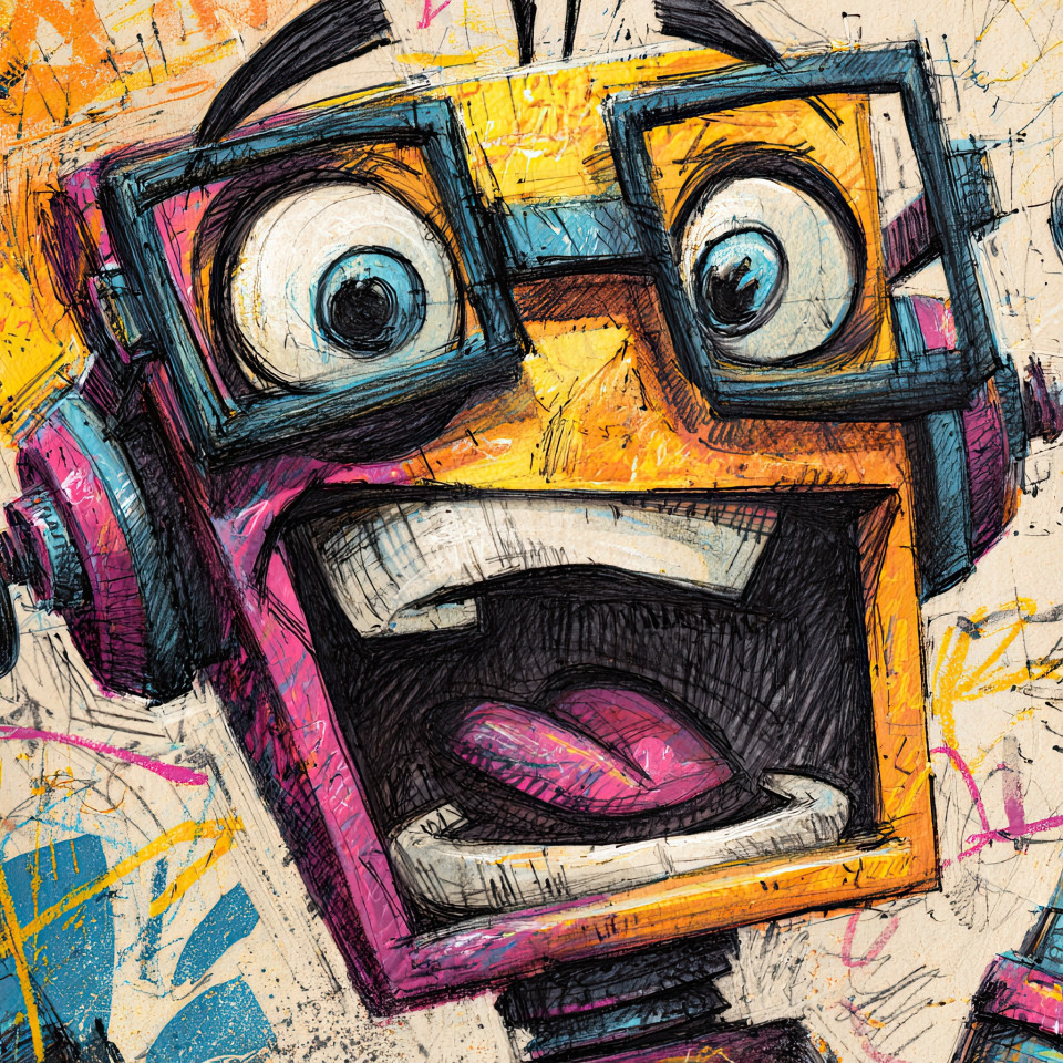Joyful cartoon robot in glasses, shouting with excitement, bright colors and sketchy background. hand drawn cartoon art, comic style close-up