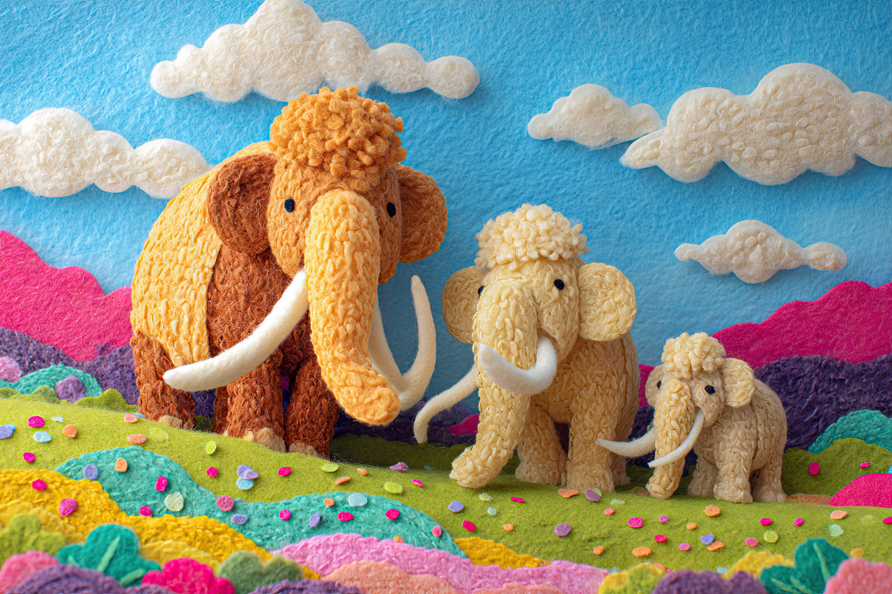 Smiling mammoth family strolls through green meadow with confetti and clouds. prehistoric felt art, whimsical toy world, soft toy illustration for kids
