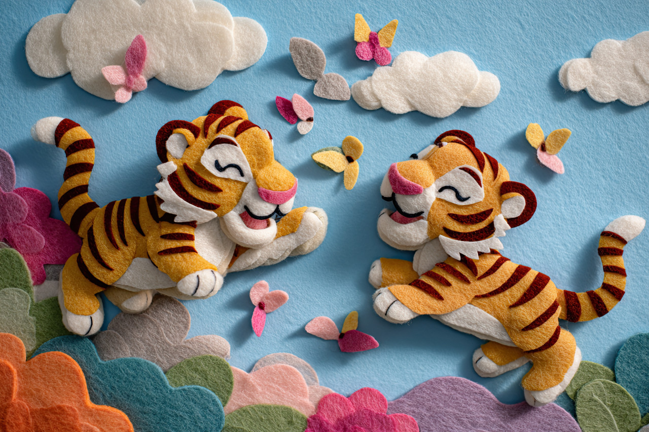 Laughing tiger cubs chase butterflies through sky and grass with confetti. prehistoric felt art, whimsical toy world, soft toy illustration for storybooks