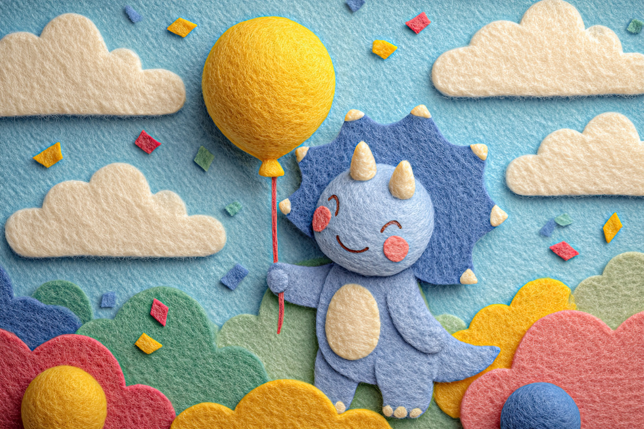 Cute triceratops holds a balloon in colorful sky, joyful and textured in felt. prehistoric felt art, whimsical toy world, soft toy illustration for fun decor