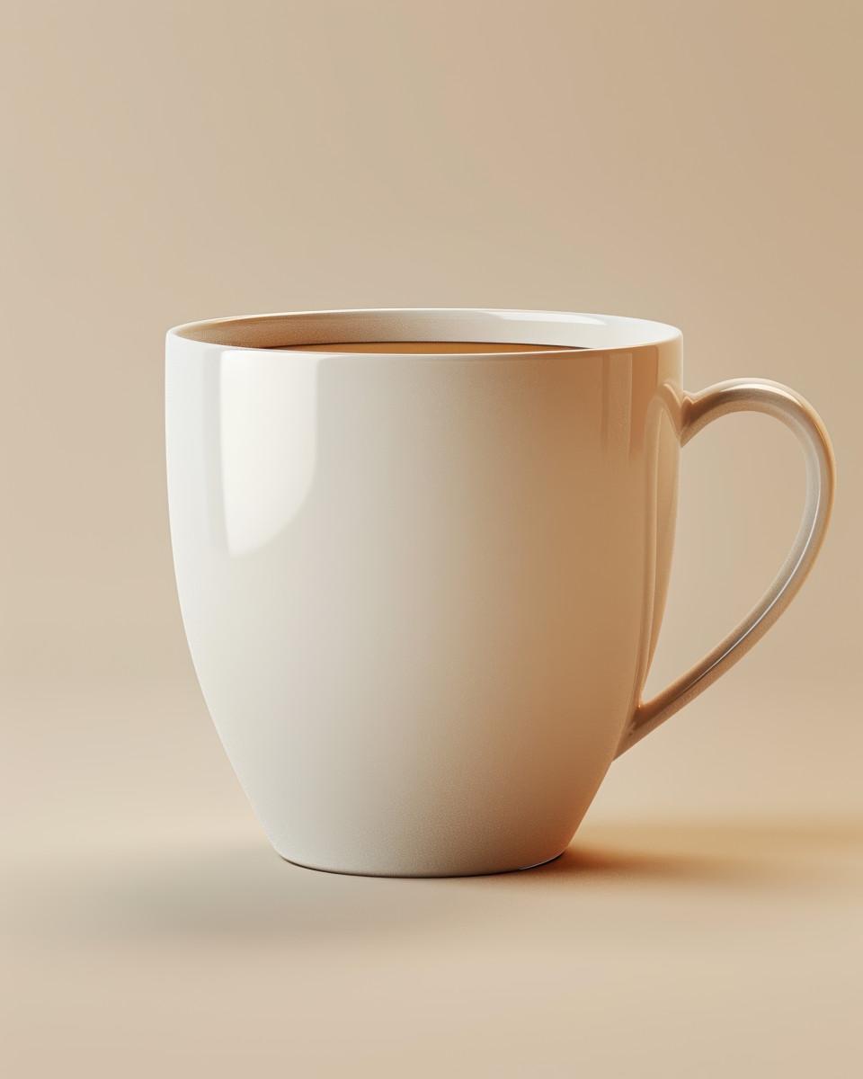Ultra-realistic 3d render of a simple coffee cup on cream white background, smooth and glossy with subtle lighting, minimal and modern product aesthetic