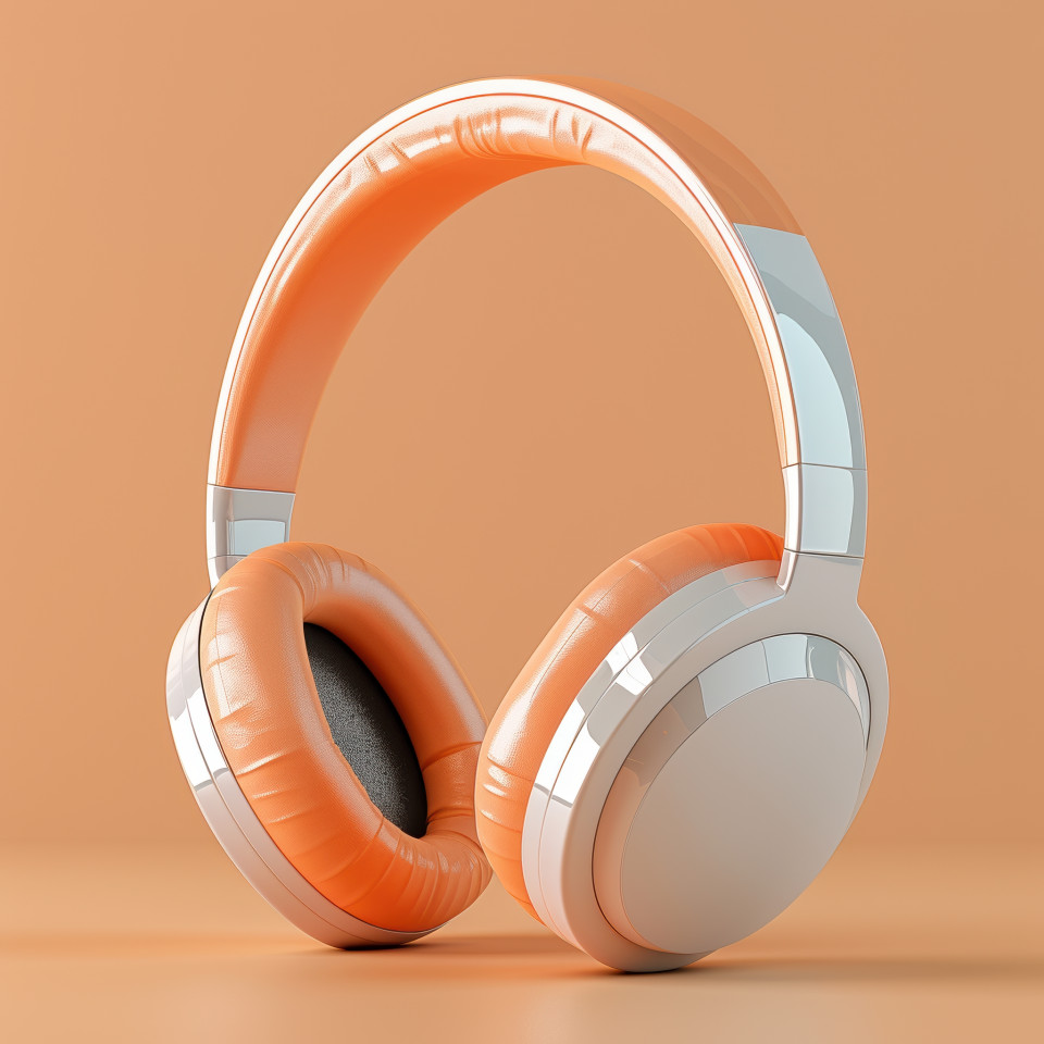 Minimal 3d render of headphones on light orange background, sleek curved design with soft gloss, high-resolution look with polished textures and lighting