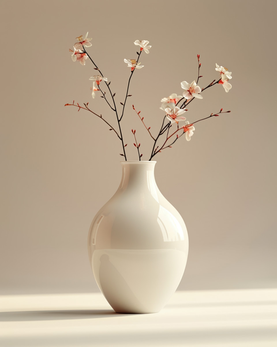 Minimal 3d render of a modern ceramic vase on warm beige background, clean shape, soft sheen, polished surface, high-resolution with soft studio shadows