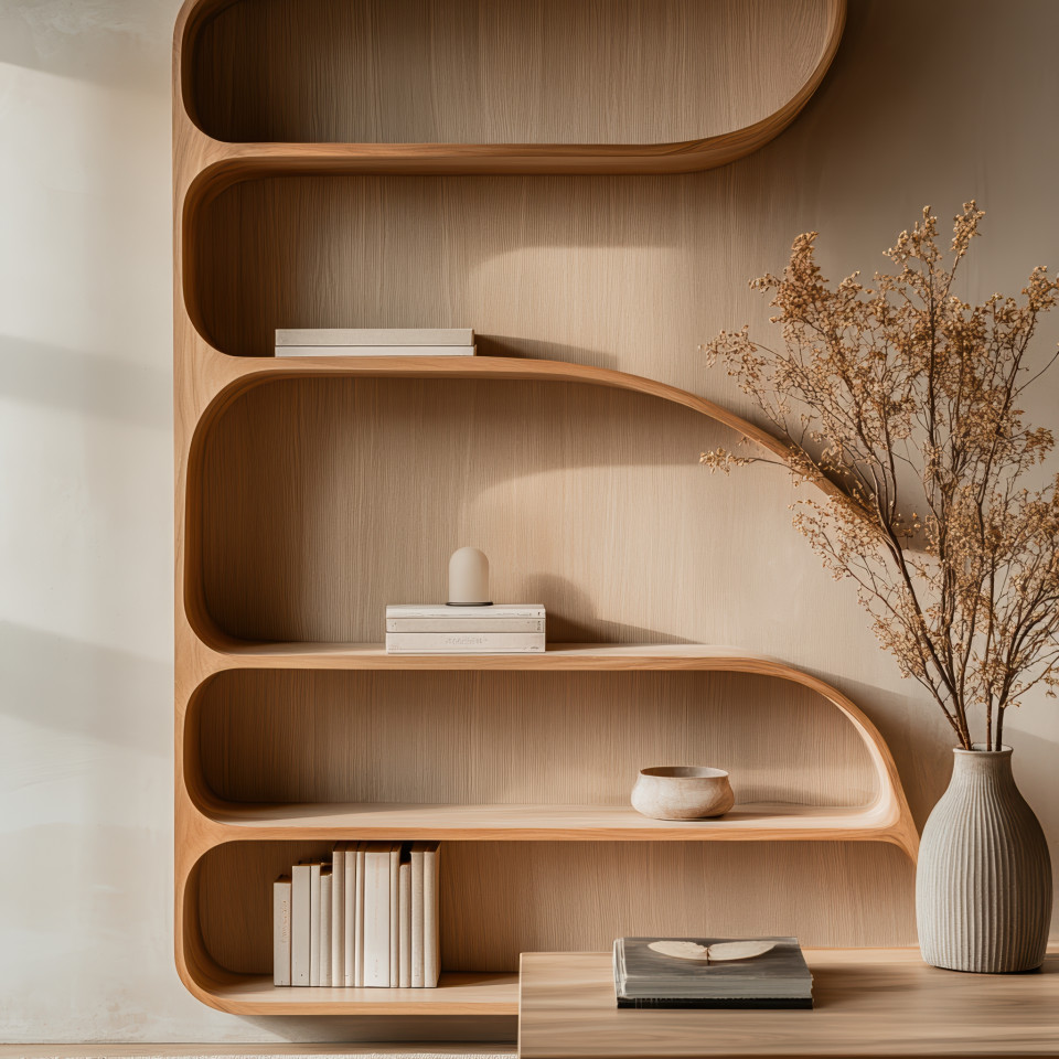Close-up of minimalist teak bookshelf, warm natural texture, clean lines, organic silhouette, retro elegance with soft shadows accenting the craftsmanship