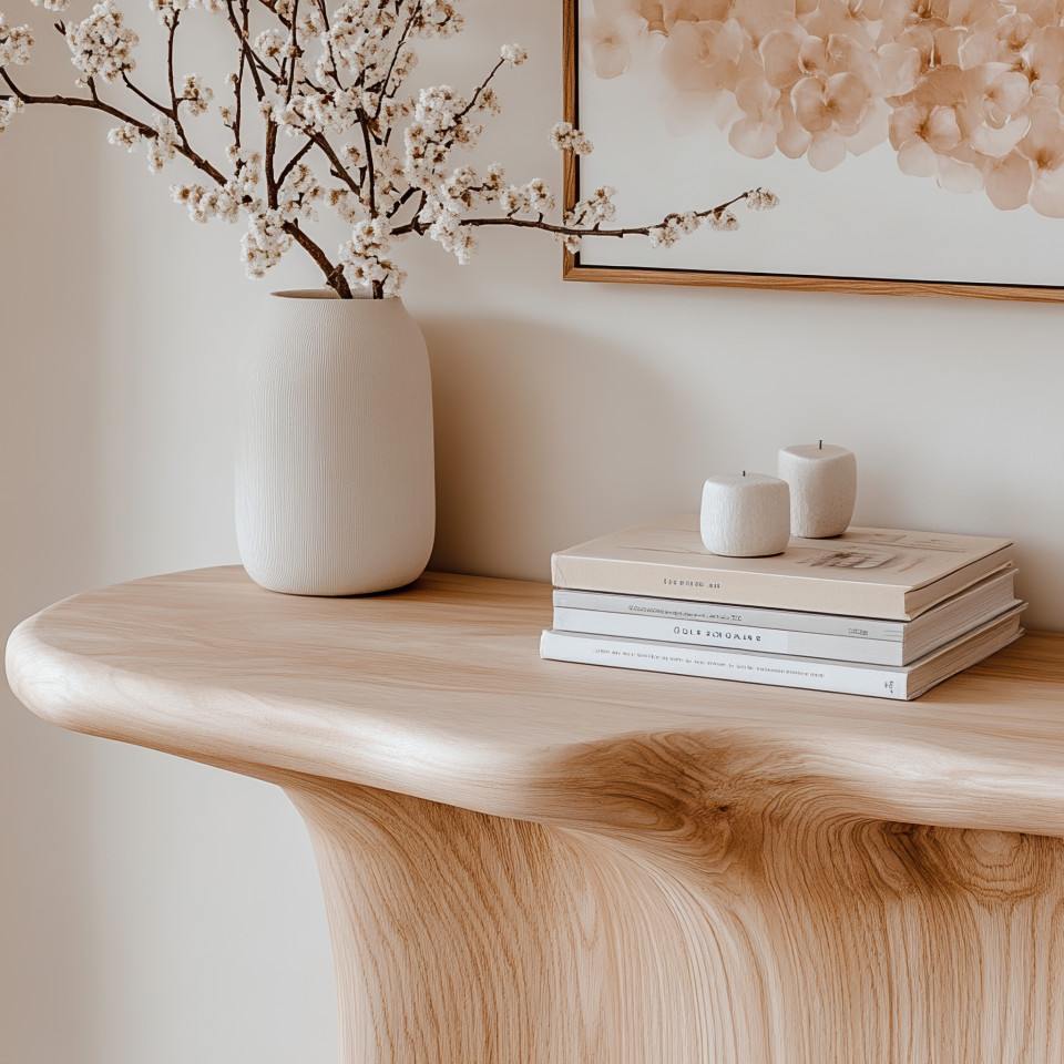 Maple console table close-up in modern wooden style, natural wood tones, curved form, clean finish, and soft light showcasing simplicity and craftsmanship