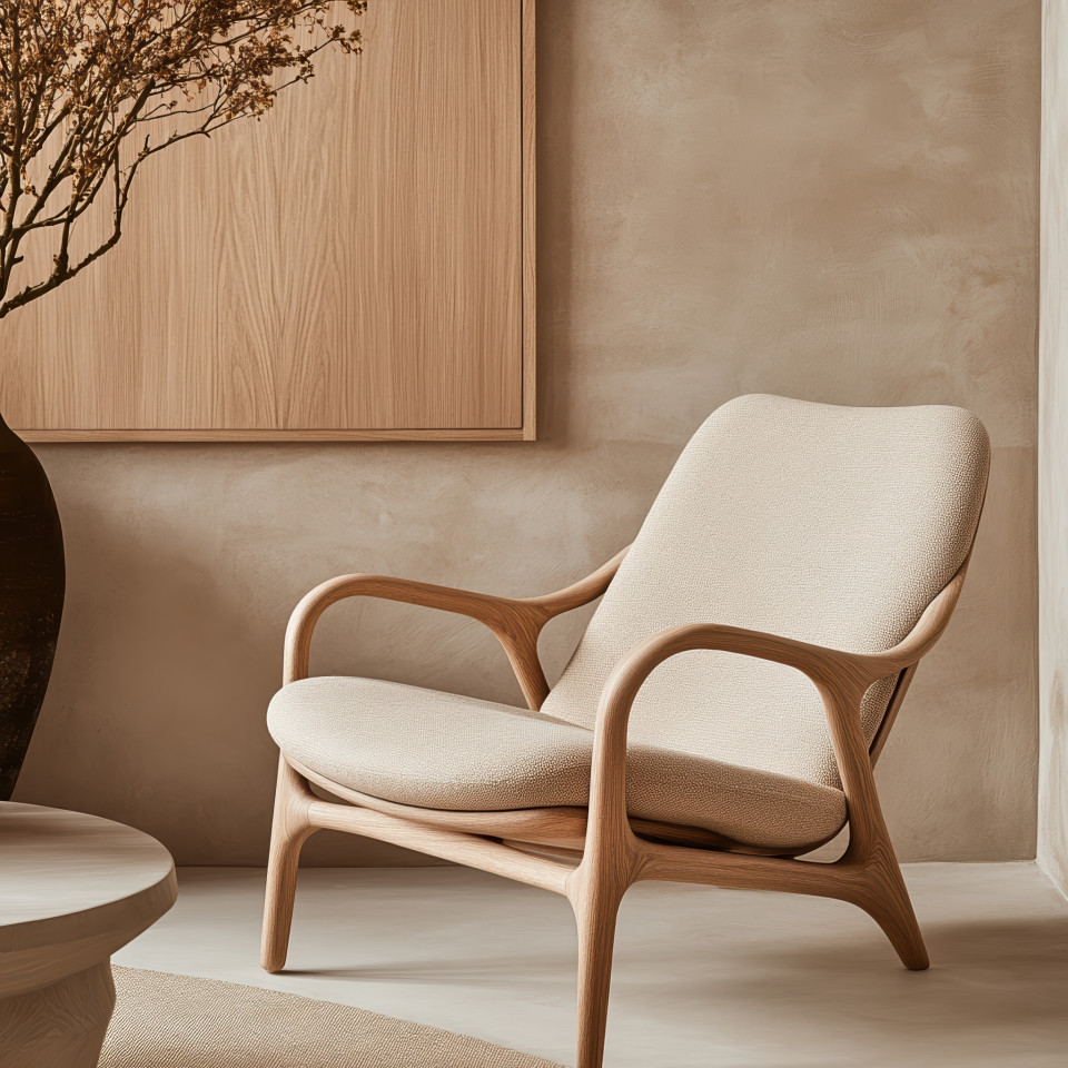 Ash wood lounge chair in close-up, sleek minimalist shape, warm neutral tones, organic form with soft lighting emphasizing smooth textures and design clarity
