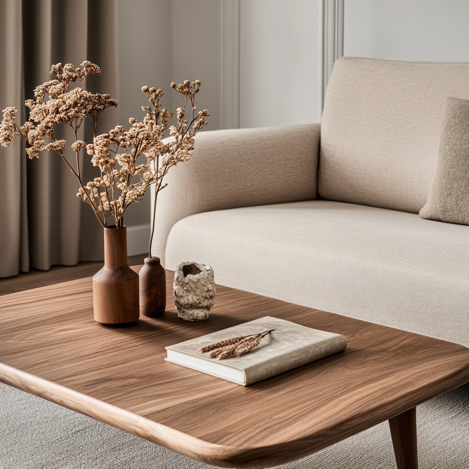 Minimal walnut coffee table in close-up, elegant wood grain, soft curves, warm earthy palette, retro-inspired design with gentle lighting on fine details