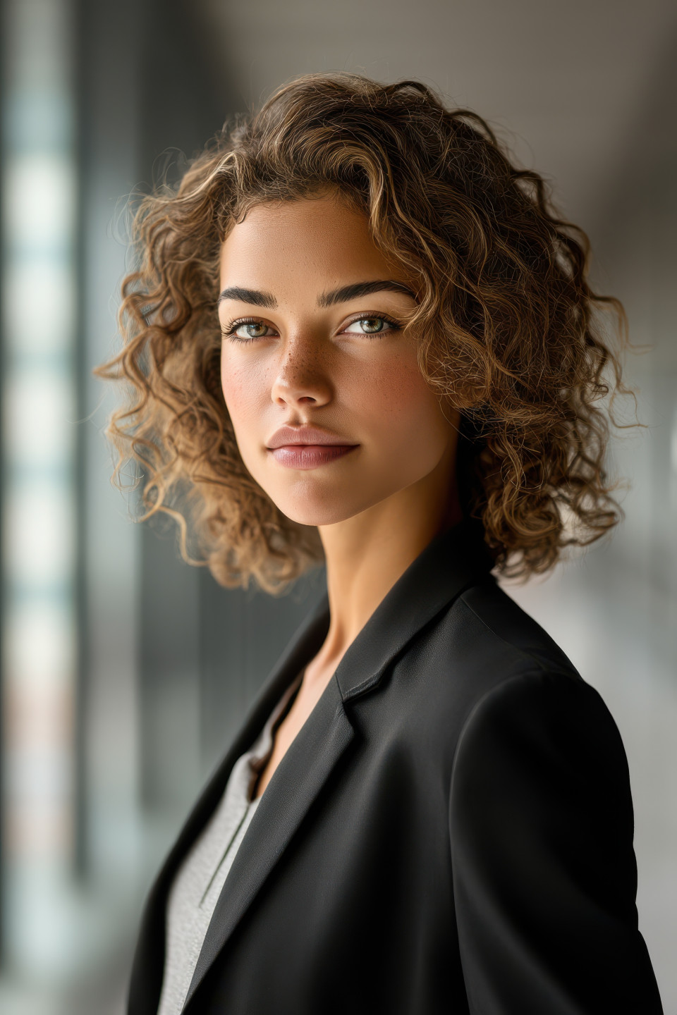 Mature executive woman in corporate outfit standing with soft smile in office setting, business profile portrait, corporate headshot, chatgpt, linkedin