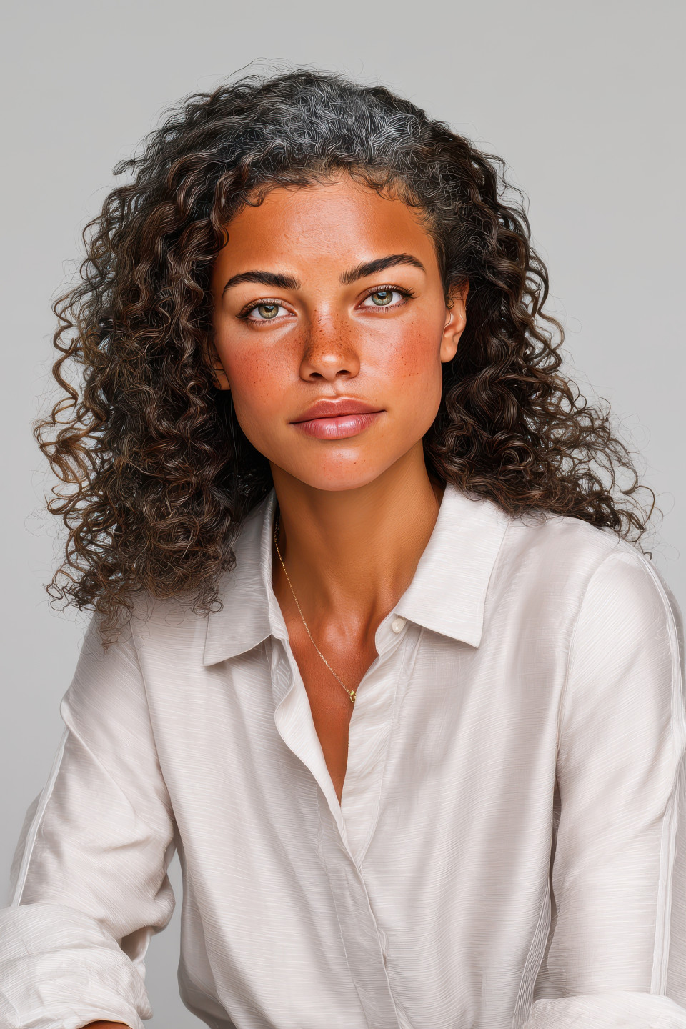 Mature woman in formal blouse seated upright with friendly look on light grey backdrop, corporate headshot for chatgpt, linkedin, business profile use